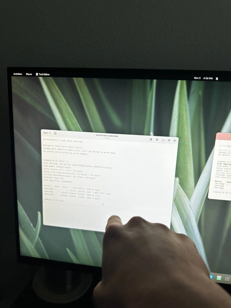 a photo of me pointing at GNOME Text Editor, complete with the f disk output inside!