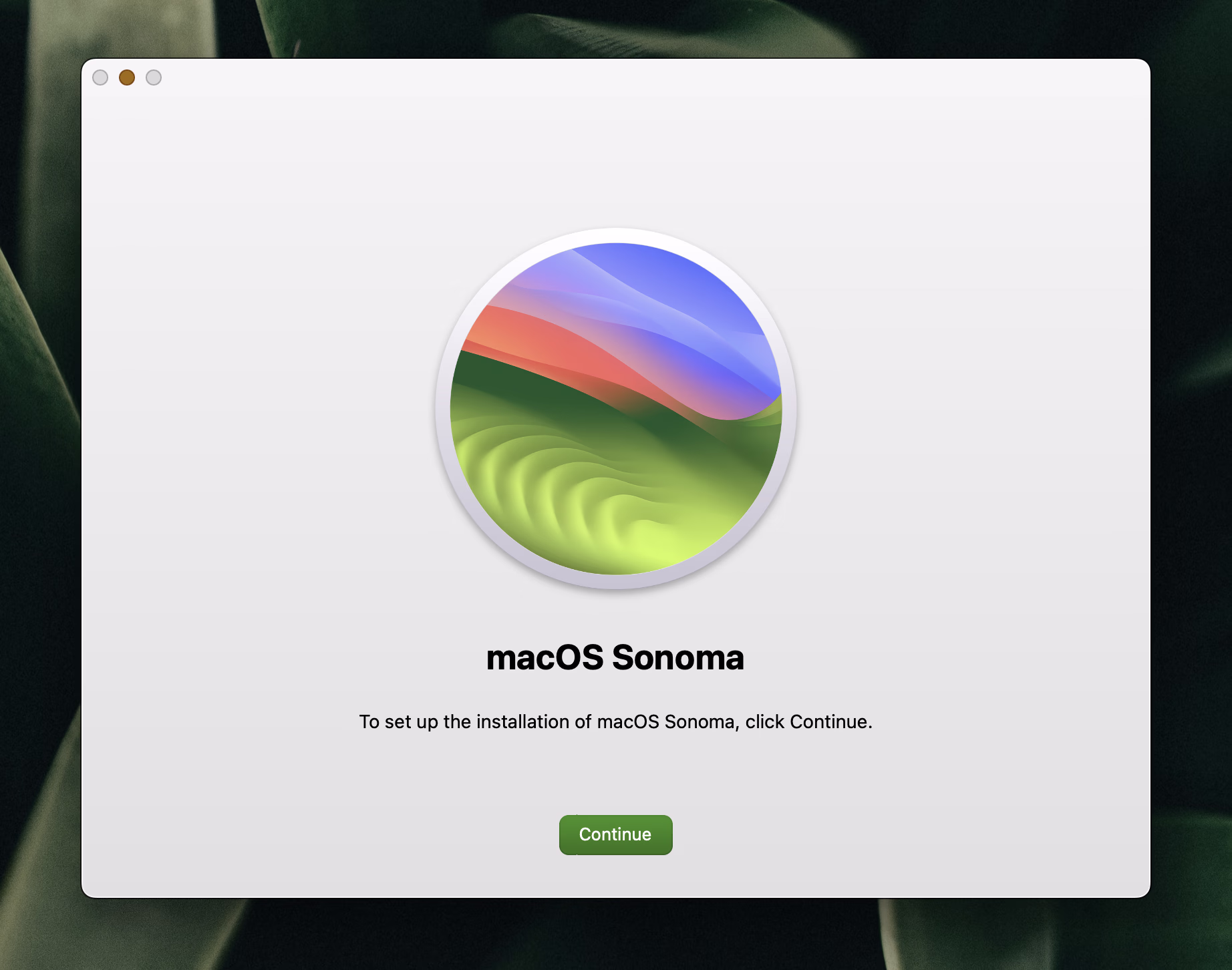 A screenshot of the Install macOS Sonoma app's first screen, proving that the app works.